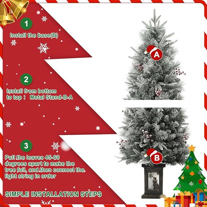 GarveeHome 4.5 ft Pre-Lit Flocked Artificial Christmas Tree with Pine Cones, Artificial Xmas Tree w/ 386 Branch Tips & 200 Lights, Snowman Base for Home, Party Decoration,2 PCS