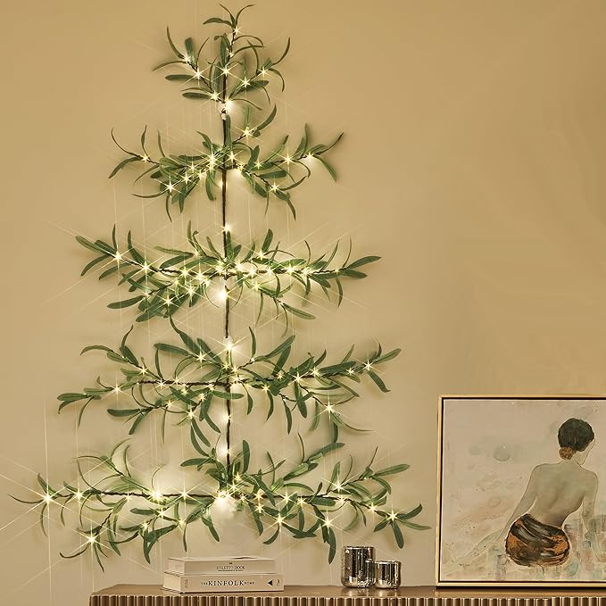 Hairui Lighted Wall Hanging Olive Tree with Timer 3.5FT 140 Warm White LED Fairy Lights, Vine Garland with Lights for Home Room Fireplace Wall Window Christmas Decoration Inside Outside