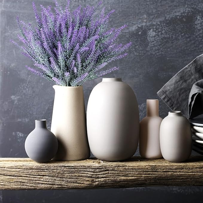 Ouddy Decor 12 Bundles Artificial Lavender Fake Flowers Faux Plastic Plants for Home Wedding Kitchen Garden Patio Window Box Office Table Centerpieces Indoor Outdoor Decor, Gray Purple