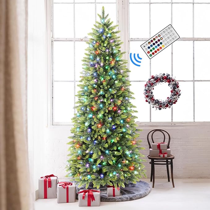 Alupssuc 9ft Prelit Artificial Hinged Christmas Tree with Remote Control, 480 Pre-Lit Multi-Color RGB Lights and 2437 PE & PVC Branch Tips, Perfect Choice for Xmas Decoration, 9 FT