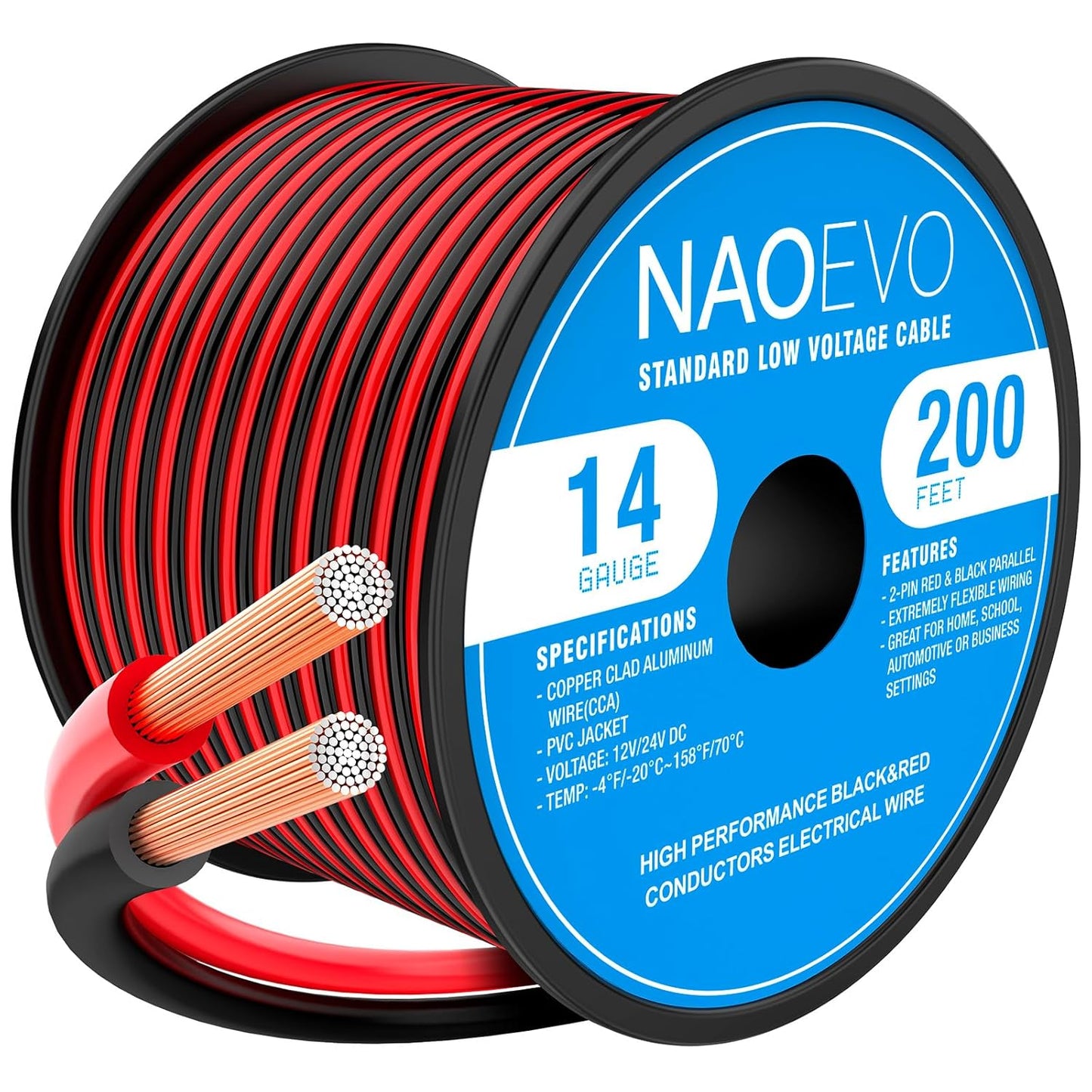 NAOEVO 14 Gauge Wire 200FT, 2 Conductors Electrical Wire Red Black Cable, Flexible/Low Voltage/PVC 14 AWG Copper Clad Aluminum Extension Cord for Speaker, LED Strips, Automotive 12V/24V DC