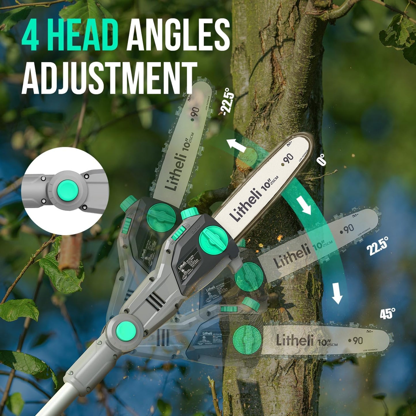 Litheli Cordless Pole Saw, 40V 2.5Ah Battery Pole Saws for Tree Trimming, 10-Inch Pole Saw Battery Powered 16ft/s Cutting Speed Auto Oiling Multi-Angle Electric Pole Chainsaw(Battery&Charger Included)