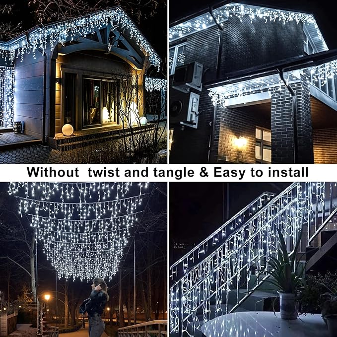 Icicle Christmas Lights Outdoor - 66ft 640 LED Icicle Lights for Outside 8 Modes with 120 Drops, Waterproof Plug in Fairy String Lights for Party Holiday Wedding Christmas Decoration, Cool White
