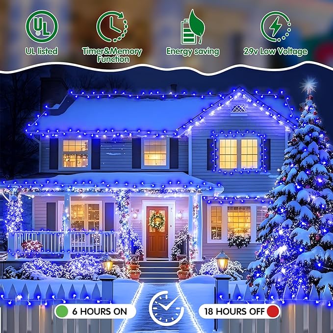 Heceltt Christmas Lights Outdoor, 522FT 1300 LED String Lights with 8 Lighting Modes, Timer Memory Twinkle Fairy Lights Waterproof Plug in for Xmas Tree Wedding Party Holiday Decor(Blue)