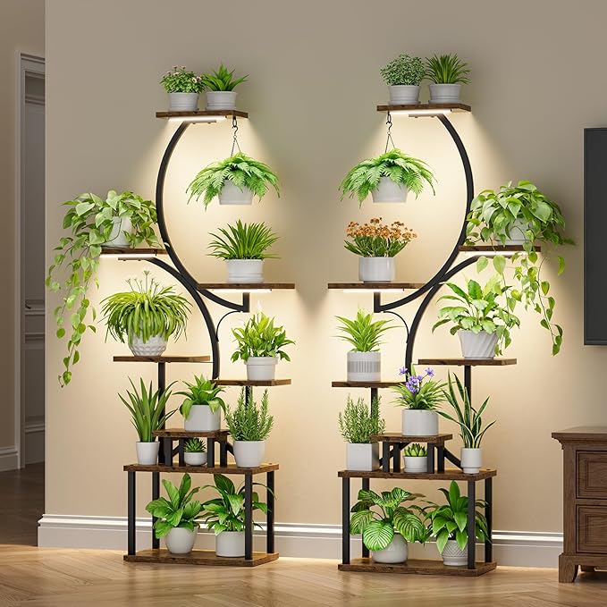Plant Stand Indoor with Grow Light - 2 Pack Tall Indoor Plant Shelf, 62" Corner Plant Holder, 8 Tiered Large S-Shape Flower Multiple Display Shelf for Home, Office