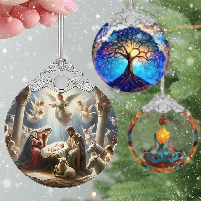 Nativity Christmas Ornaments, 3" Stained Glass Christmas Decor, Christian Ornaments for Christmas Tree, Christian Gifts for Kids, Religious Gifts for Women, Perfect for Holiday Party, Window, Tree