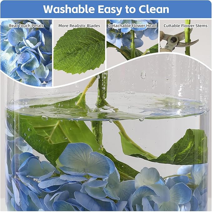 Nubry 22.44In Hydrangea Artificial Flowers, 4Pcs Latex Faux Real Touch Large Hydrangea Flowers with Long Stems & Leaves for Home Office Decor Wedding Party Arrangements(White&Blue)