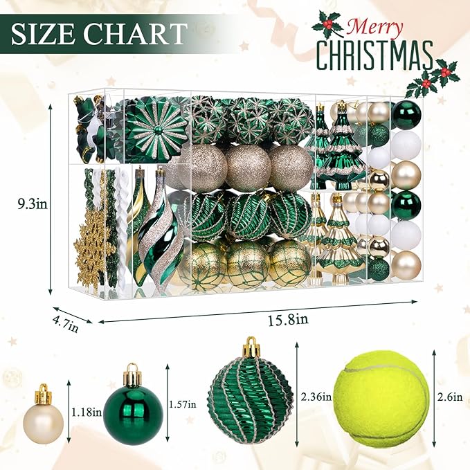 108 Pcs Christmas Ball Ornaments Set, Green and Gold Shatterproof Hand-Painted Hanging Bulbs Decoration for Xmas Tree, Wreath, Garland, Home Holiday Decor