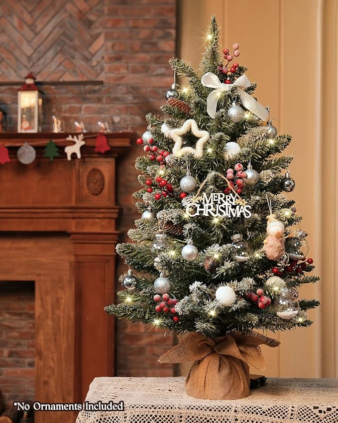 3ft Tabletop Pre-lit Mini Christmas Tree with LED Lights and Pine Cones, Artificial Tree for Table/Desk Decoration