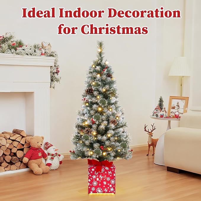 Brightever 4FT Artificial Christmas Tree, Pre-lit Small Christmas Trees with Warm White String Lights, Plug in Green Outdoor Frosted Tip Xmas Trees for Front Door, Snowflake Gift Box Base & Ornaments