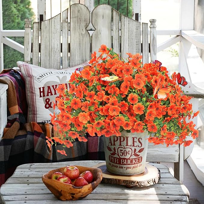 20 Bundles Artificial Flowers for Outdoors‌ with 6 Faux Butterflies, UV Resistant Fake Flowers‌ with Eucalyptus Leaves, Artificial Plants Outdoor‌ for Patio Garden Porch Home Decor (Orange)