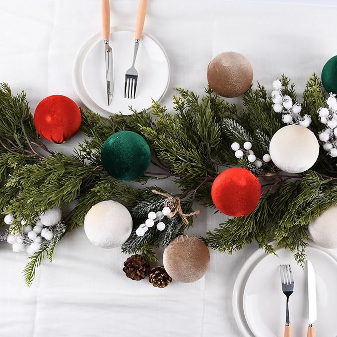 Velvet Christmas Balls Ornaments for Tree - 15pcs Shatterproof Christmas Ornaments for Xmas Trees Decorations - Multicolor Red Green Brown Beige, 80mm 3.15inch