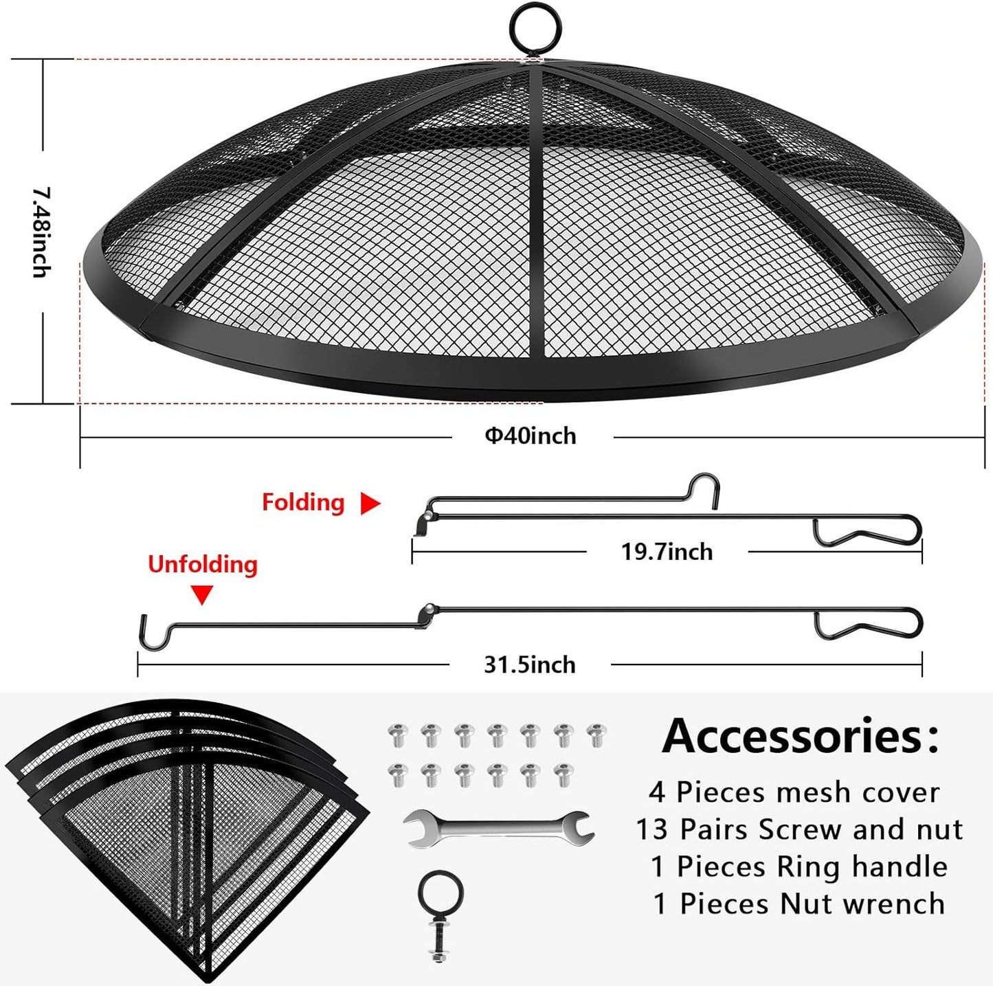 Fire Pit Spark Screen, Fire Pit Screen 40 Inch Round with Handle & Poker, Collapsible Heavy Duty Mesh Fire Pit Cover Fire Pit Lid for Outdoor/Patio/Backyard/RV Camping/Beach