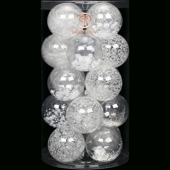 Sea Team Shatterproof Clear Plastic Christmas Ball Ornaments Decorative Xmas Balls Baubles Set with Stuffed Delicate Decorations (80mm/3.15 inch 20-Pack, White)
