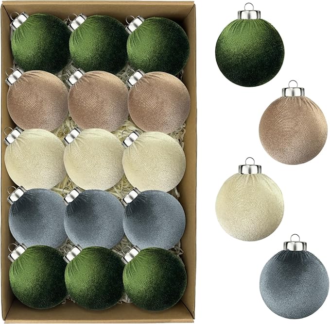 3.15 Inch Velvet Ball Ornaments for Christmas Tree 15 PCS, Large Neutral Flocked Christmas Bulb Ornaments Set - Earth Tone Decorative Hanging Baubles, Shatterproof Xmas Decor for Holiday (Multicolor)