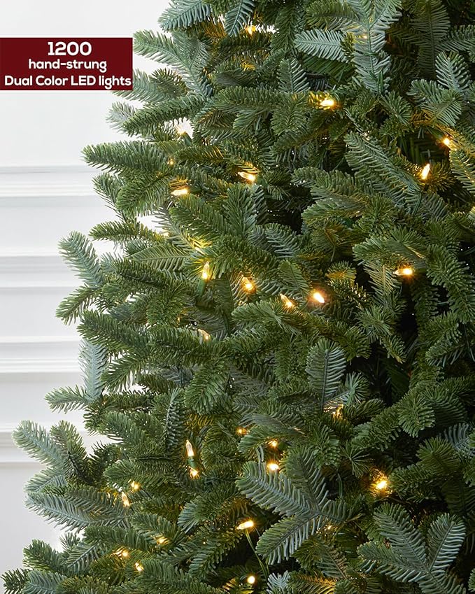 Pre-lit Premium Artificial Full Christmas Tree 9 Foot Frazer Fir, 1200 Warm White & Multi-Color LED Lights, Feel Real Realistic Xmas Tree Dual Color Hinged Holiday Festive Decor
