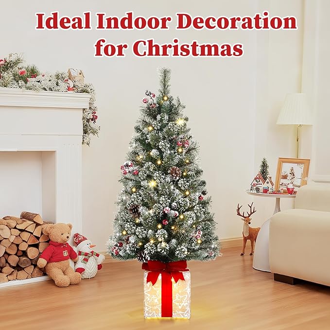 Brightever 4FT Christmas Tree with Warm White LED Lights, Pre-lit Artificial Small Xmas Tree with Gift Box Base & Ornaments, Plug in Outdoor Xmas Trees for Porch, Tabletop, Desk, Green, Easy to Setup