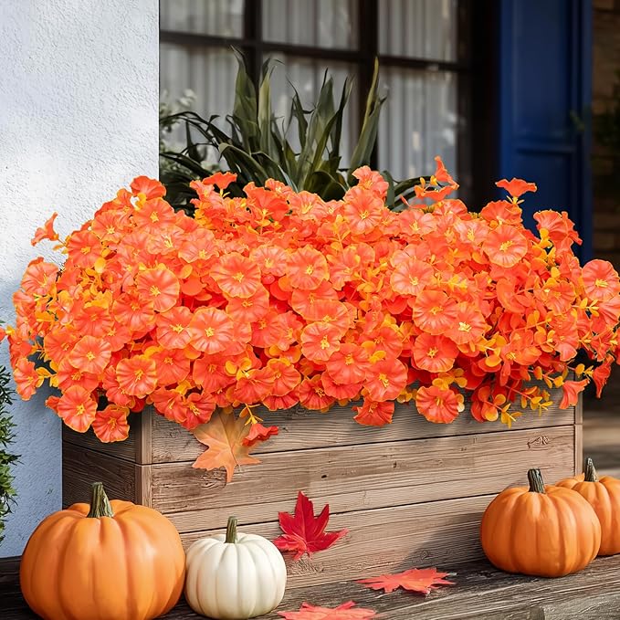 Lnoicy Artificial Flowers for Outdoor 12 Bundles Eucalyptus Fake Flowers for Planter,UV Resistant Fake Morning Glory for Home/Porch/Garden Decoration (Fall Red)