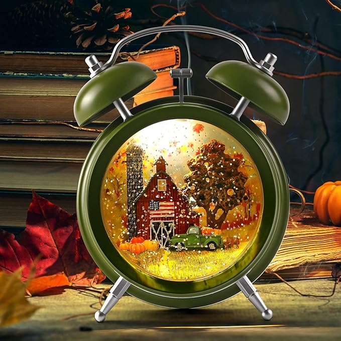 Alarm Clock Fall Snow Globe, Lighted Snow Globe Lantern 6H Timer Thanksgiving Snow Globe Thanksgiving Decorations Fall Decor (Green)