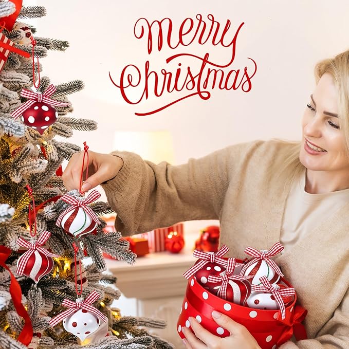 Syhood 24 Pcs Christmas Tree Ornaments, Christmas Ball Decorations Set, Shatterproof Baubles Xmas Tree Hanging Decor, Peppermint Candy Ball Red White Green Stripes Party Holiday(Classic,2.36 Inches)