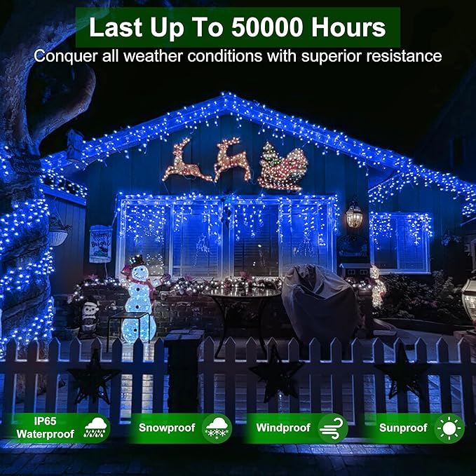 648 LED Outdoor Christmas Lights with 144 Drops, 66ft Christmas Fairy Lights with 8 Modes Timer, Twinkly Lights IP44 Waterproof for Eaves Yard Room Holiday Wedding Party Decor (Blue)