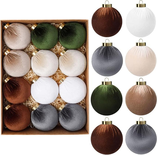 24 Pack Velvet Christmas Tree Ornaments Set, 12 Pcs 3.15 Inch Large Neutral Velvet Christmas Ornaments Hanging Flocked Balls and 12 Pcs Vintage Bows for Xmas Garland Wreath Party Home Decor