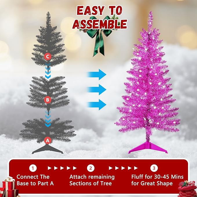 4ft Artificial Full Pink Christmas Tree with Separate Lights, Not Pre-lit Mini Pink Tinsel Pine Christmas Tree, 50 Lights, Small Xmas Tree for Home, Office, Party Decoration, Indoor