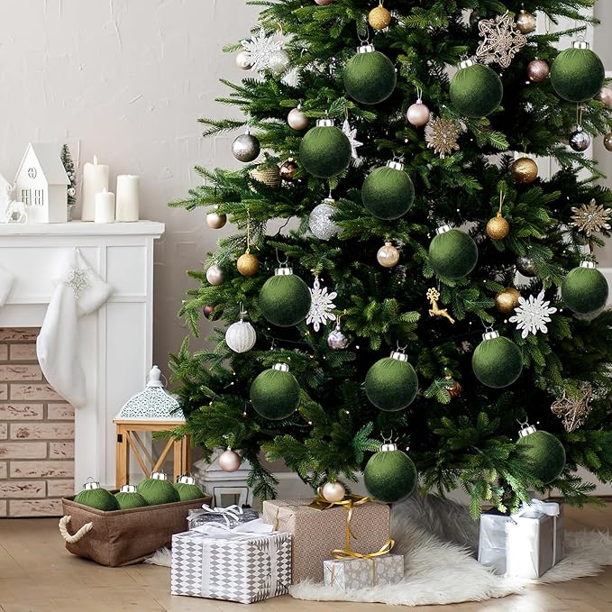 Green Velvet Ornaments for Christmas Tree 15 PCS, Big Neutral Flocked Christmas Bulbs Ornaments Set 3.15 Inch, Matte Suede Xmas Hanging Baubles Decorations (Sage Green)