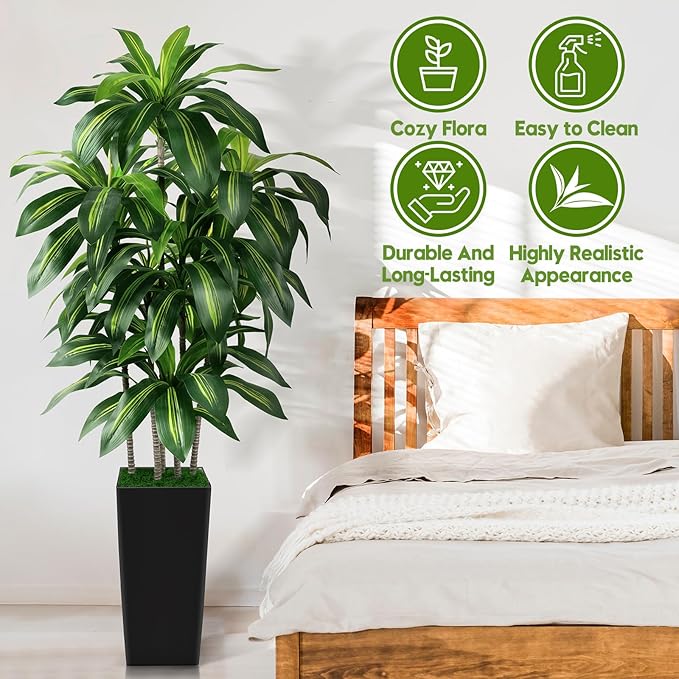 Artificial Dracaena Tree Indoor, 6FT Tall Fake Tree with Black Tall Planter, Artificial Trees Fake Yucca Potted Tree for Home Office Living Room Decor, Tall Artificial Plant for Housewarming