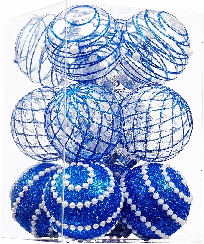 12CT Christmas Ball Ornaments Royle Blue Shatterproof Clear Large Plastic Christmas Tree Decoration, Delicate Hanging Ornaments for Xmas Party, Wedding, Holiday and Home Décor(70mm/2.76")