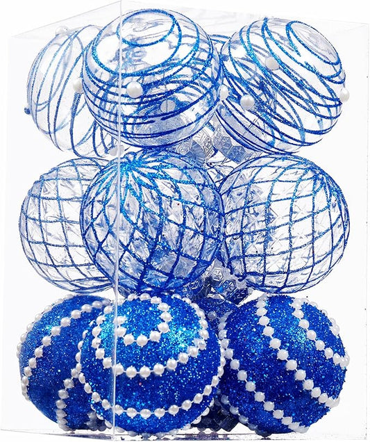 12CT Christmas Ball Ornaments Royle Blue Shatterproof Clear Large Plastic Christmas Tree Decoration, Delicate Hanging Ornaments for Xmas Party, Wedding, Holiday and Home Décor(70mm/2.76")