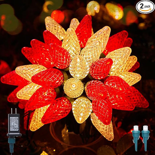 C9 LED Christmas Lights Outdoor, 81 Feet 100 LED String Lights with Timer & 8 Light Mode, Waterproof Commercial Grade Christmas Tree Lights for Outside Indoor Roofline Patio, Red & Warm White 2 Pack