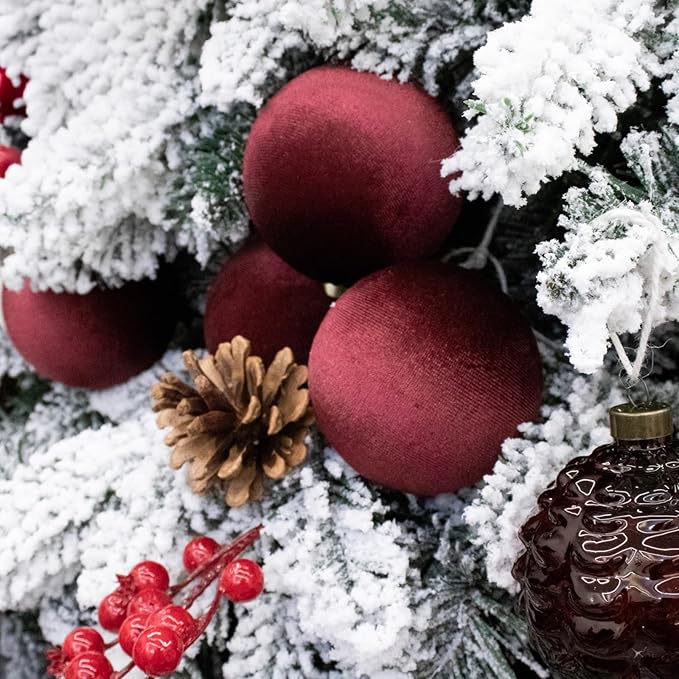 4PCS Red Velvet Christmas Ornaments Set – 6 Inch Large Flocked Shatterproof Baubles for Xmas Tree Decoration, Hanging Ornaments for Holiday & Home Décor (Burgundy Red, 6 Inch / 15 cm)