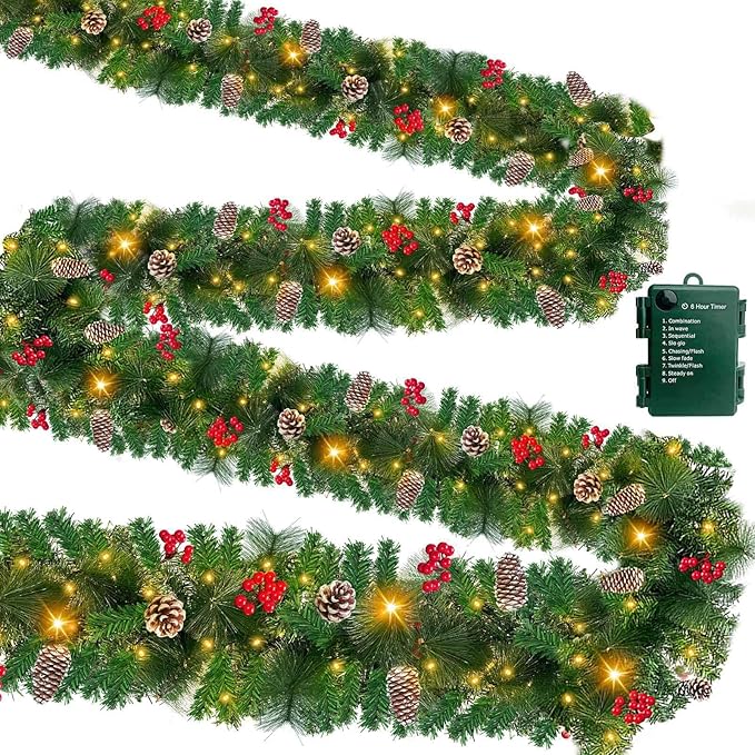 Timer & 8 Modes-9 Ft by 10 Inch Christmas Garland Decorations 50 Warm White Lights Lighted 270 Branch 70 Red Berries 10 Pinecone Mantle Xmas Garland Christmas Decor