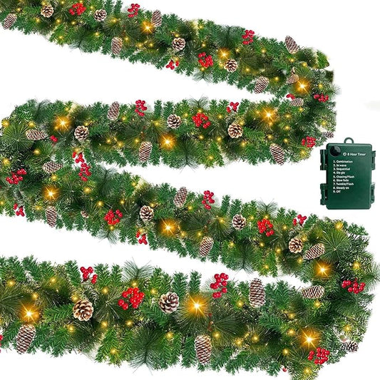 Timer & 8 Modes-9 Ft by 10 Inch Christmas Garland Decorations 50 Warm White Lights Lighted 270 Branch 70 Red Berries 10 Pinecone Mantle Xmas Garland Christmas Decor