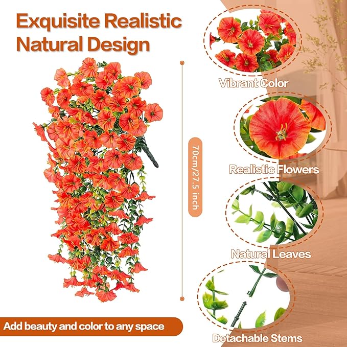 Rich and Eye-catching 5 PCS Artificial Hanging Flowers，Silk Morning Glory Faux Flowers with Eucalyptus Leaves,uv Resistant Fake Hanging Petunias Plants for Yard Decoration(Orange)