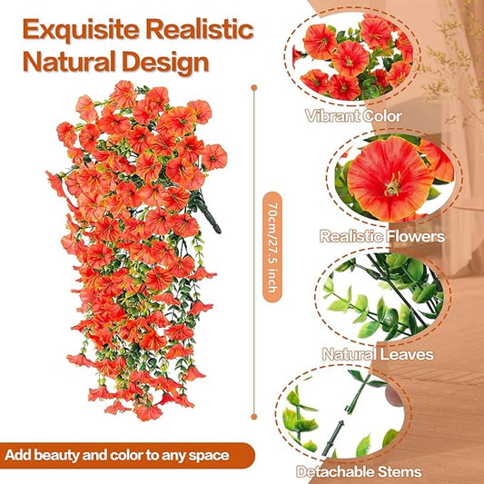 Rich and Eye-catching 5 PCS Artificial Hanging Flowers，Silk Morning Glory Faux Flowers with Eucalyptus Leaves,uv Resistant Fake Hanging Petunias Plants for Yard Decoration(Orange)