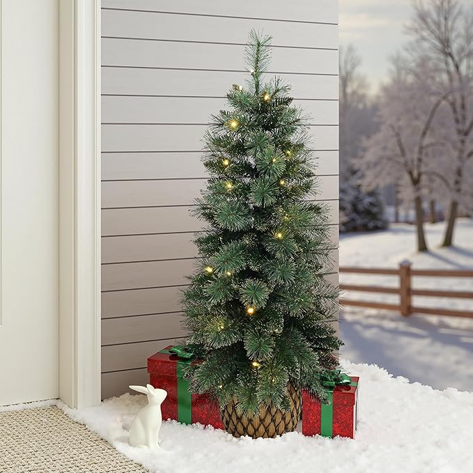 LuxenHome 4FT Small Christmas Tree, Prelit Slim Potted Artificial Christmas Trees with 50 Warm White LED Lights, Realistic Faux Pine Tree with Rattan Style Pot for Entrance, Hallway Display