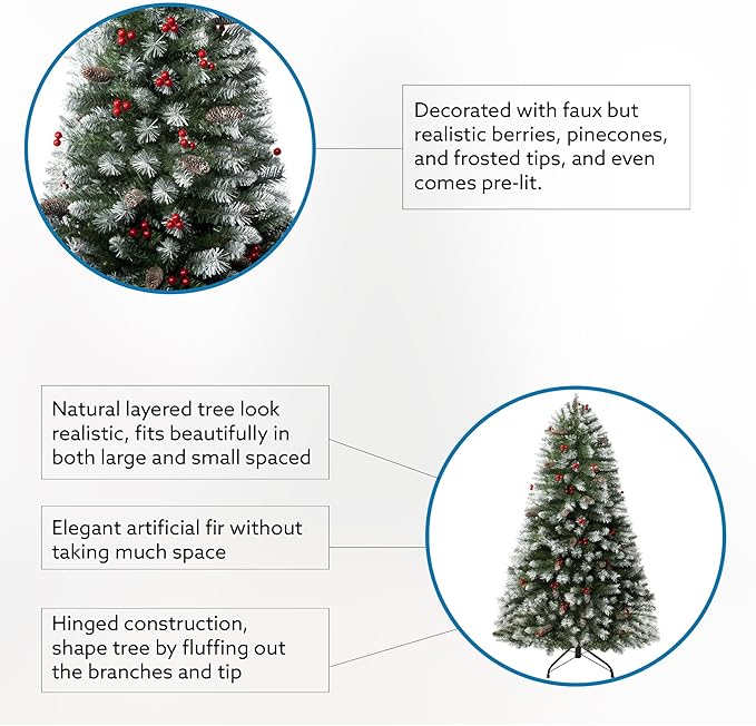 Naomi Home 4.5ft Vancouver Pre-Lit Artificial Christmas Tree with Pine Cones, Faux Berries, Foot Pedal, 398 Branch Tips, 200 Warm Lights and Metal Stand, 33" wide