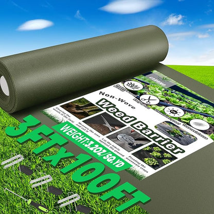 Non-Woven Thick Weed Barrier Fabric 3 FTx100 FT, 3.2oz Heavy Duty Weed Barrier Landscape Fabric, Ground Cover for Superior Weed Control, Easy Setup for Gardens, Landscaping, Flower Beds (Green)