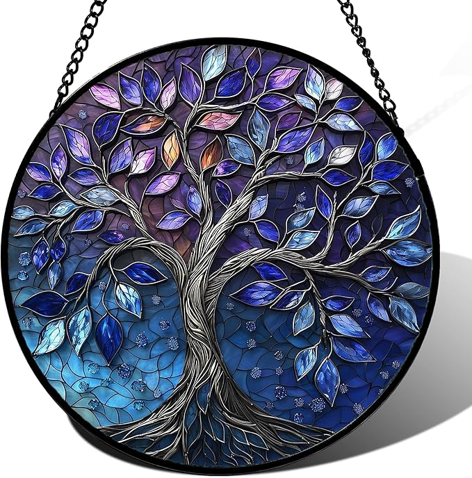 Stained Glass Window Hanging, Blue Purple Tree of Life Sun Catchers Colorful Glass Panel Plants Suncatcher Decor for Birthday for Women,Men,Wife, Lovers, and Mom 11.8x11.8 in