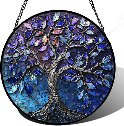 Stained Glass Window Hanging, Blue Purple Tree of Life Sun Catchers Colorful Glass Panel Plants Suncatcher Decor for Birthday for Women,Men,Wife, Lovers, and Mom 11.8x11.8 in