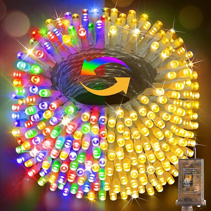 Hezbjiti 403FT 1000LED Color Changing Christmas Lights Outdoor, 11 Modes String Lights IP44 Waterproof Fairy Lights for Party Wedding Tree Decorations (Multicolor to Warm White, Clear Wire)