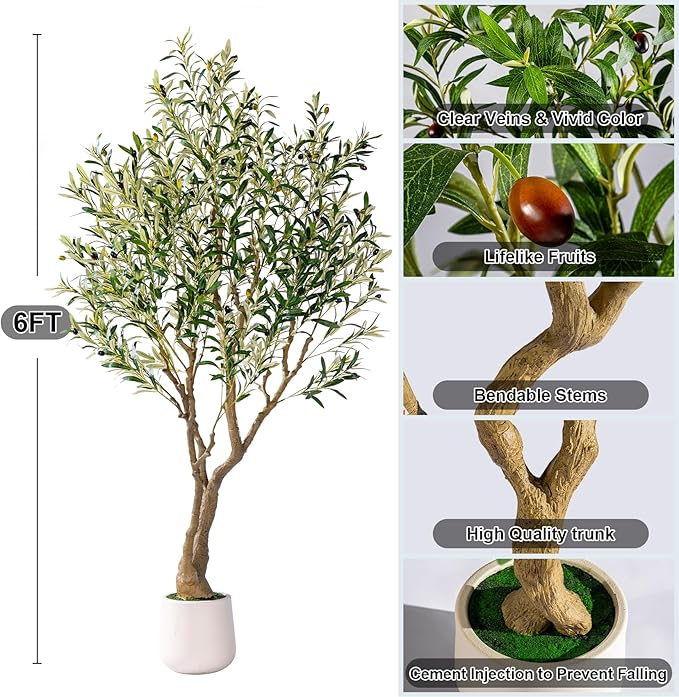 6ft Faux Olive Tree with Pot & Moss Artificial Olive Plant Fake Olive Tree for Home Decor, Large Indoor Artificial Trees Faux Plants Indoor Durable Artificial Trees for Living Room/Office