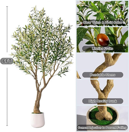 6ft Faux Olive Tree with Pot & Moss Artificial Olive Plant Fake Olive Tree for Home Decor, Large Indoor Artificial Trees Faux Plants Indoor Durable Artificial Trees for Living Room/Office
