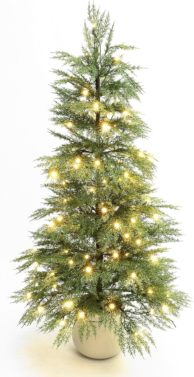 LuxenHome 4.5FT Small Christmas Tree, Potted Slim Artificial Christmas Trees with 100 Warm White LED Lights, Realistic Cedar Prelit Xmas Trees with White Planter Pot for Holiday Display