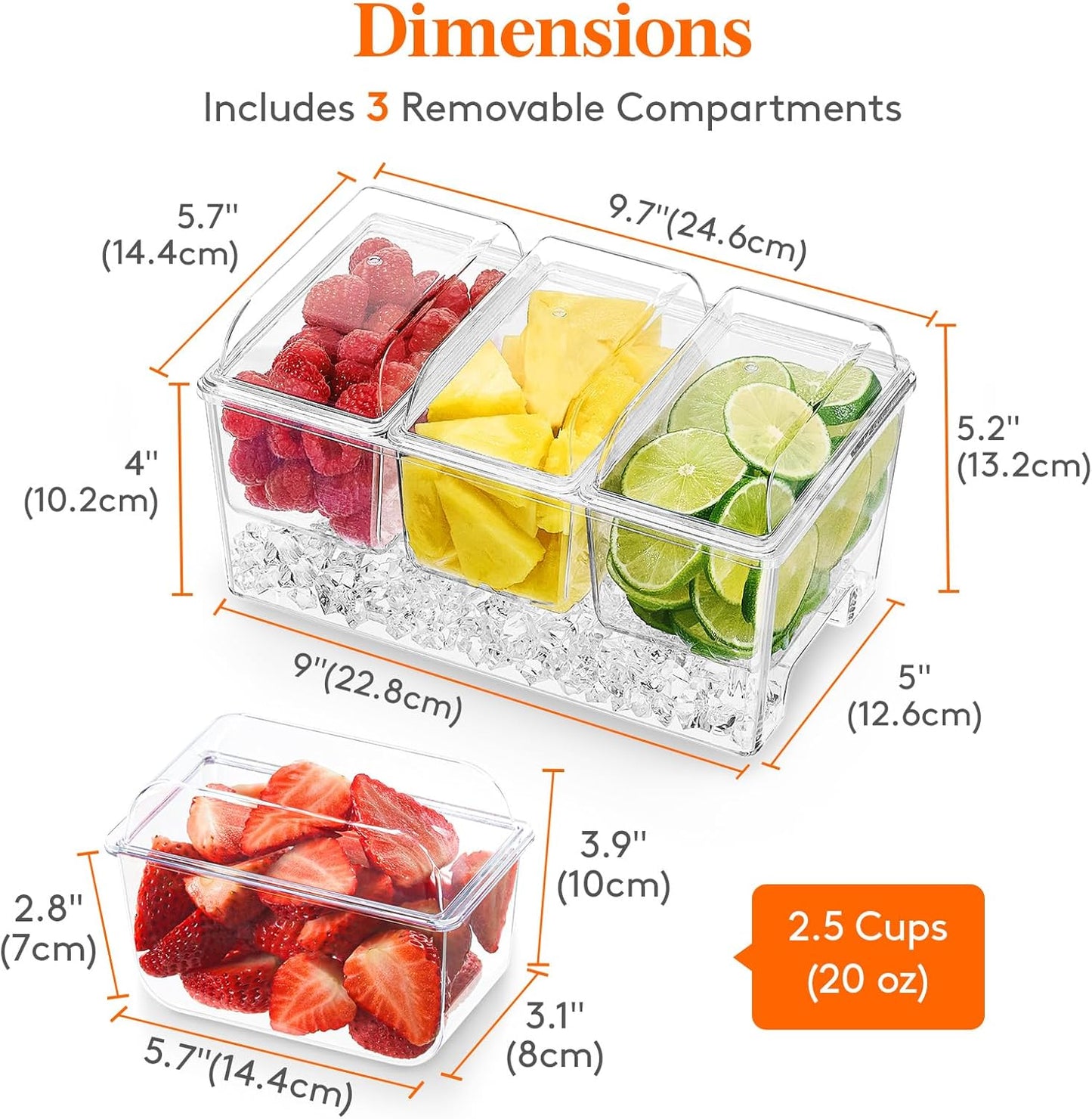 Lifewit 2 Pack Ice Chilled Condiment Caddy with 3 Containers(2.5 cup), Condiment Server with Separate Lids, Serving Tray Platter for Bar Accessories, Fruit, Salad, Taco, Party Garnish