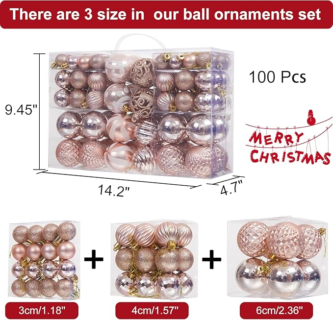 100PCS Shatterproof Christmas Tree Ball Ornaments, Assorted Baubles Set with Glitter - For Holiday Decor