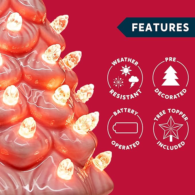 Joiedomi 7" Pink Ceramic Christmas Tree, Mini Prelit Tabletop Christmas Ceramic Tree with Extra Clear Top Star & Bulbs for Holiday Decoration Small Xmas Holiday Best Desk Tabletop Decoration (Pink)