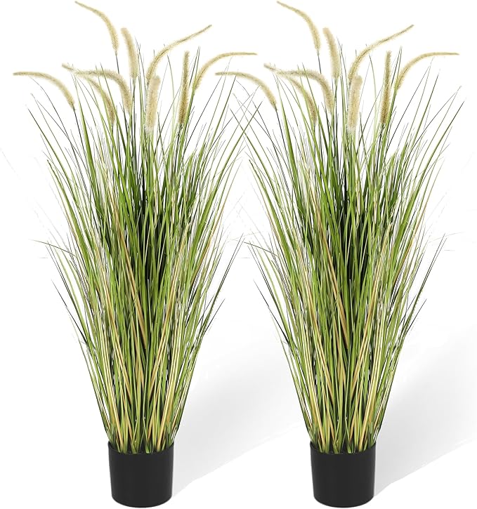KOL 4ft Artificial Horsetail Grasses (2-Pack) - 47.2in Tall Realistic Faux Plants for Indoor Outdoor, Potted Fake Grass Decor for Home Office Wedding, Low Maintenance Houseplant Gift